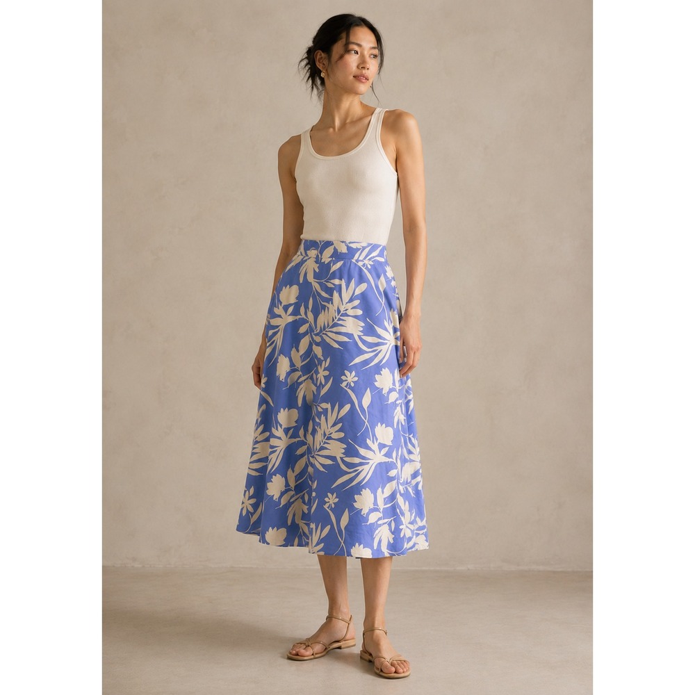 PACT Organic Cotton Midi Skirt Women Sz XS Blue Floral Elastic Waist Vacation